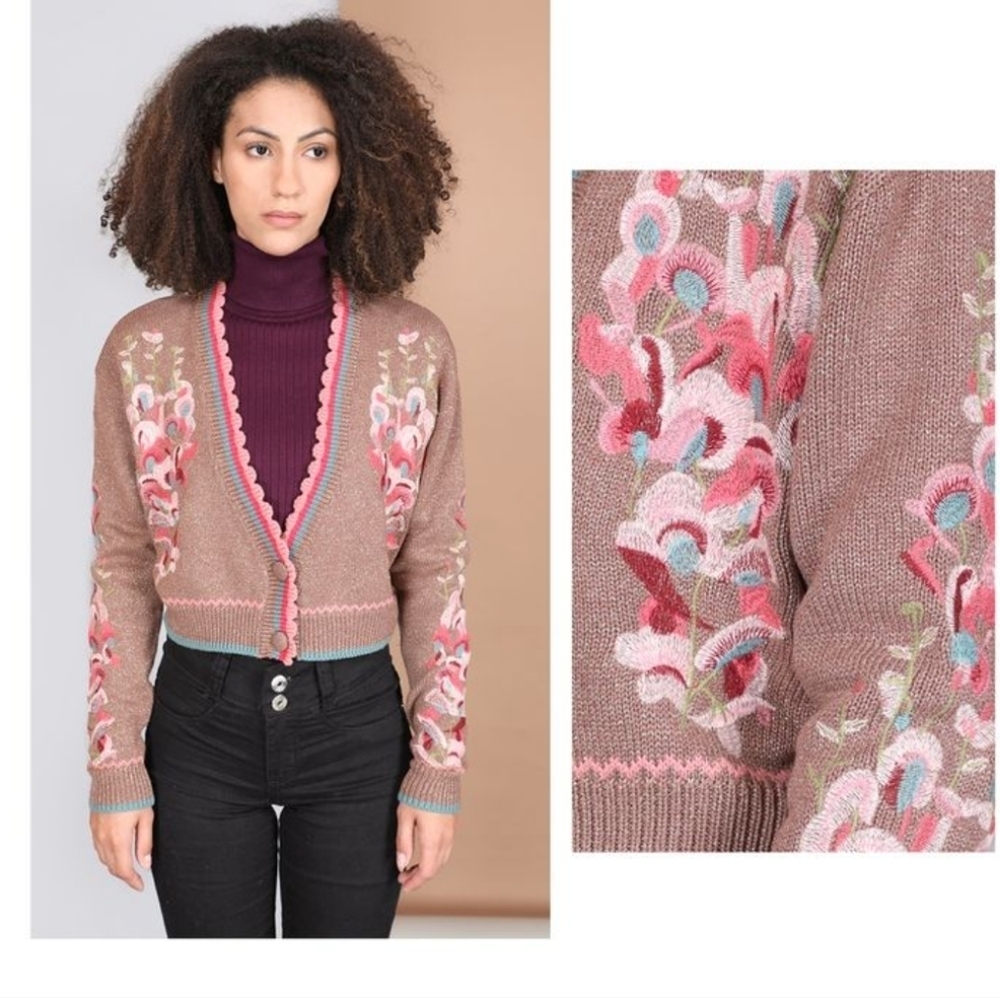Blank London Floral Light Brown Pink Teal Sweater Sz X-Large